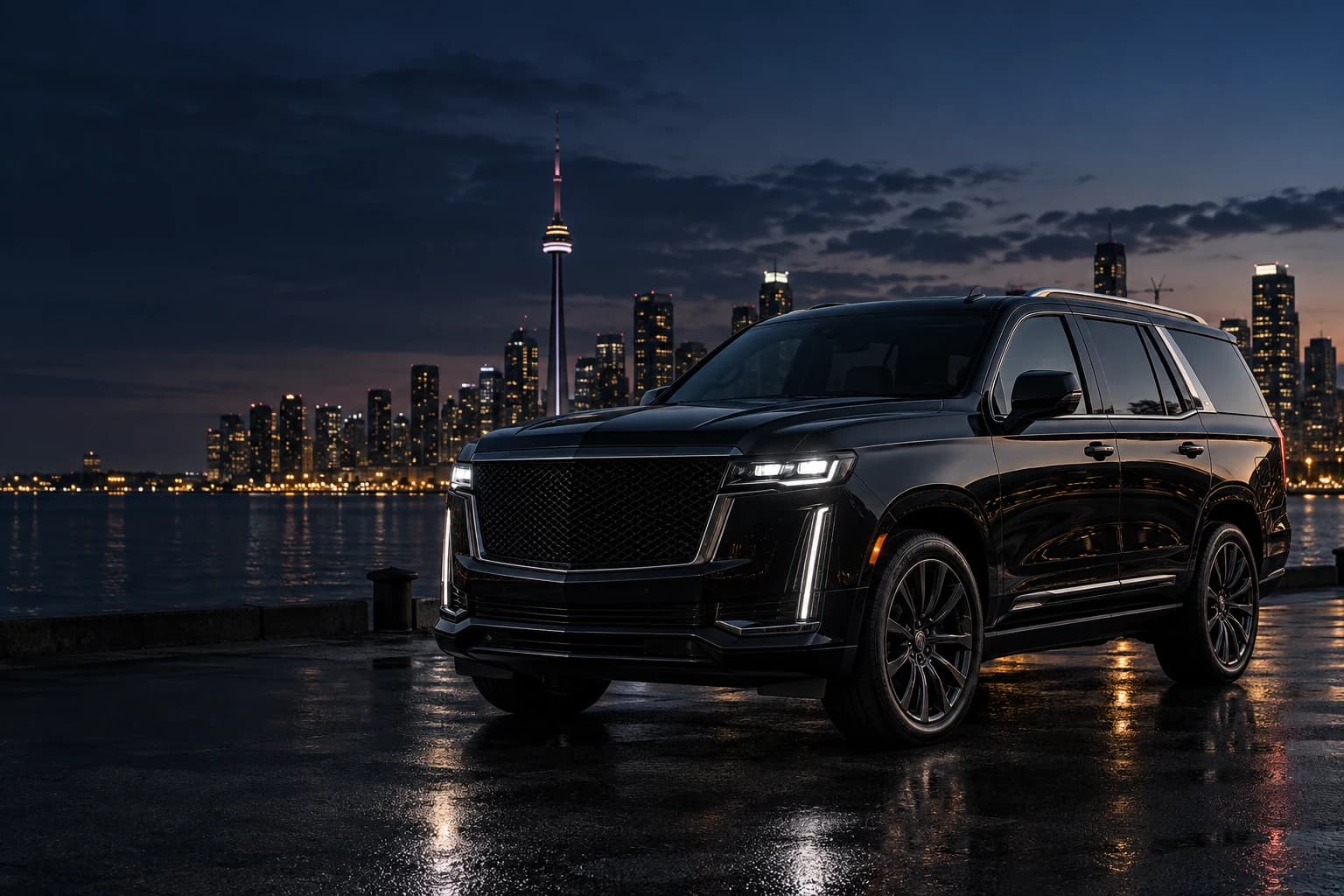 Illustrative black luxury SUV by the Toronto skyline at dusk
